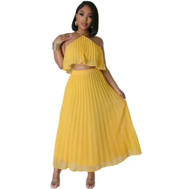 Backless Halter Vest Long Skirt Two piece Set Dark Yellow - Shop at LoveMi