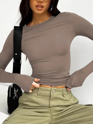 Women's Round Neck Long Sleeve T shirt Top Camel - Shop at LoveMi