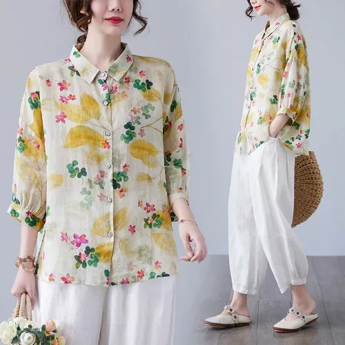 Women's Loose Retro Western Style Elegant Floral Cotton And Linen Shirt Floral - Shop at LoveMi