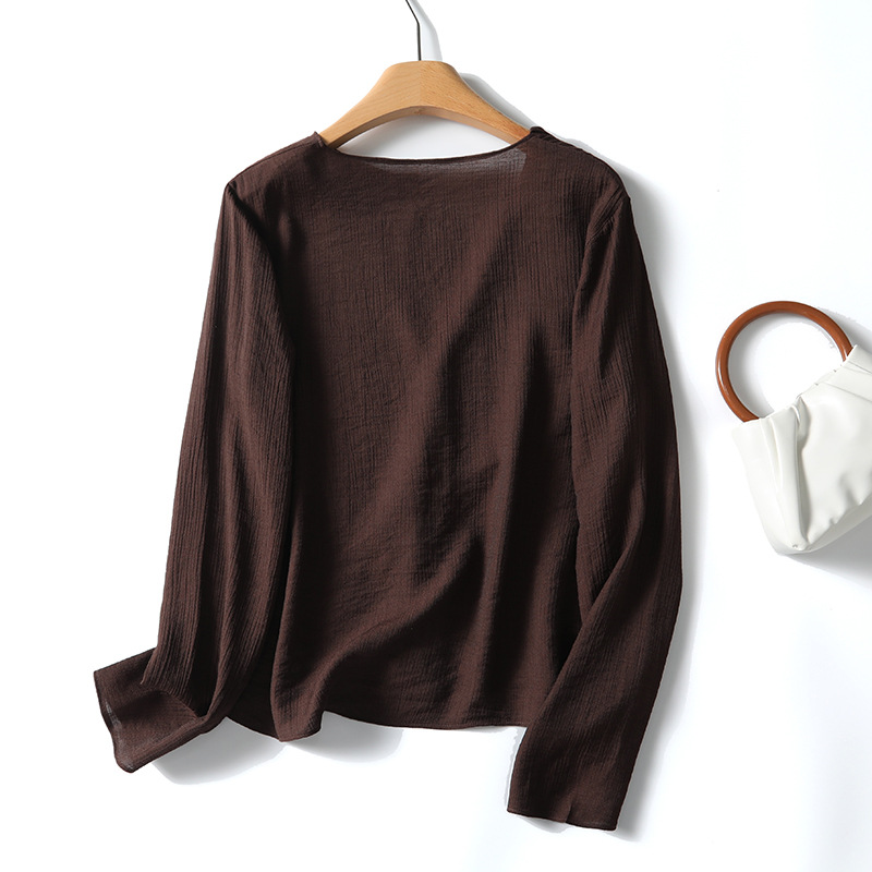 French Lightly Mature Ruffled V-neck Long Sleeve Shirt
