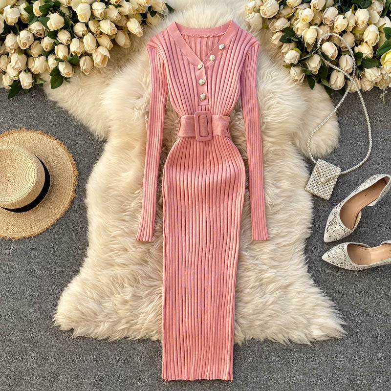 Autumn And Winter Design Sense Belt Waist Slimming Hollow Stripes Slim Fit Dress Pink - Shop at LoveMi