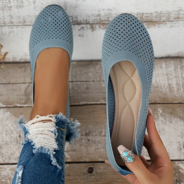 Solid Color Round Head Flying Woven Flat Pumps Women Gray - Shop at LoveMi