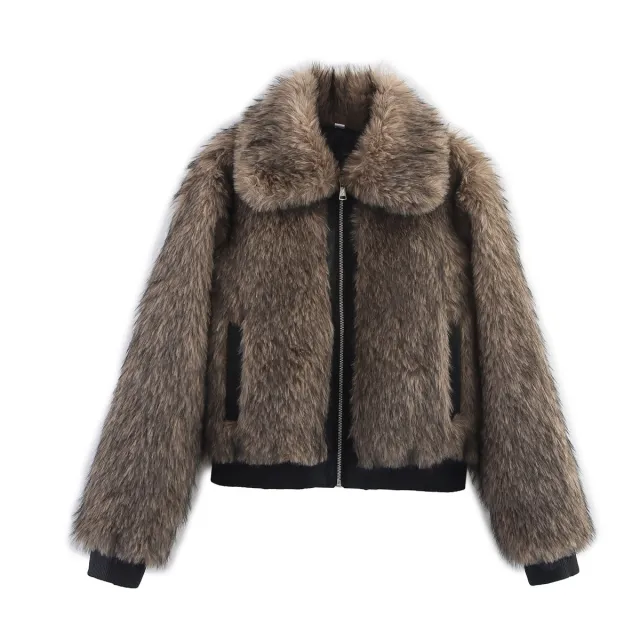 Women's Fashion Color Contrast Fur Coat Dark Gray - Shop at LoveMi