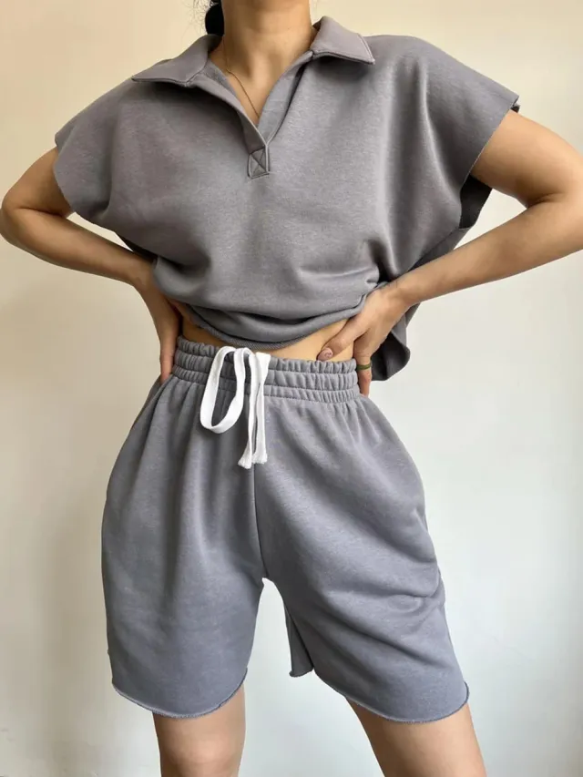 Lapel collar Full sleeve Loose Top And Drawstring Shorts Set Gray - Shop at LoveMi