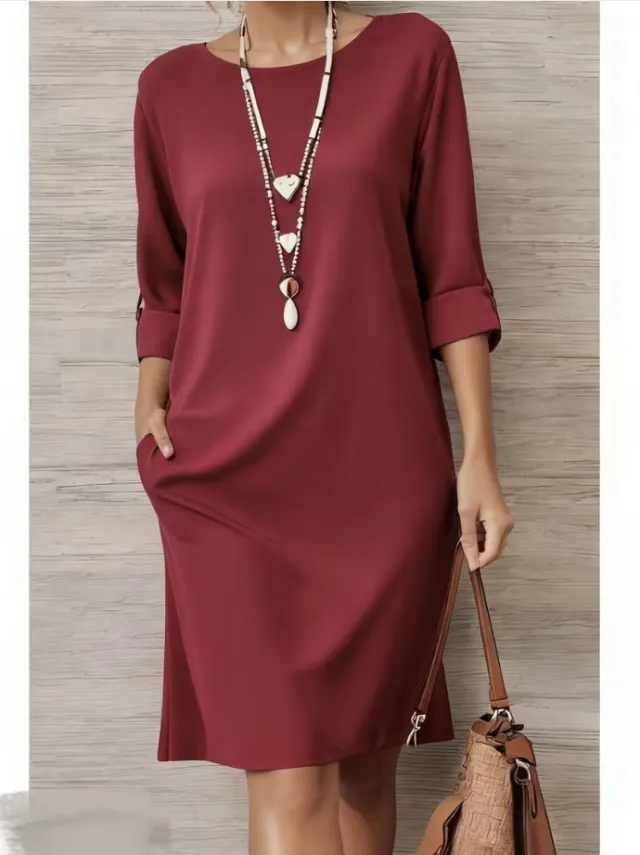 Versatile Solid color Mid sleeve Dress With Side Pockets Red - Shop at LoveMi
