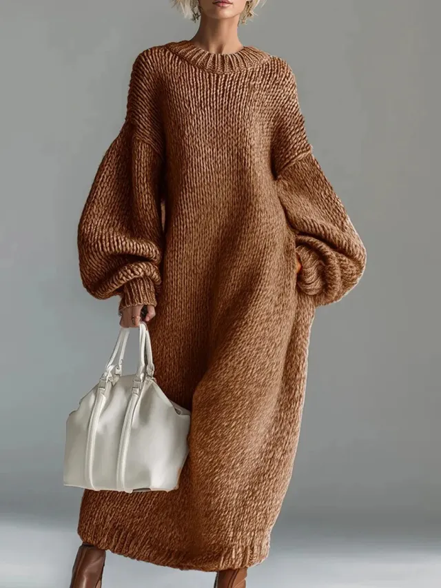 Crew neck Loose fit Lantern sleeve Long Knit Sweater Dress Light Brown - Shop at LoveMi