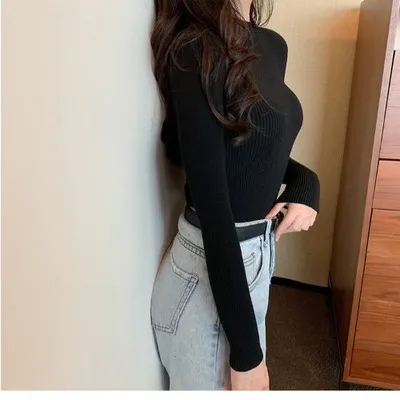 Women's Fashionable All matching Pure Color Half Collar Slim Knit Bottoming Shirt Top Black 8803 - Shop at LoveMi