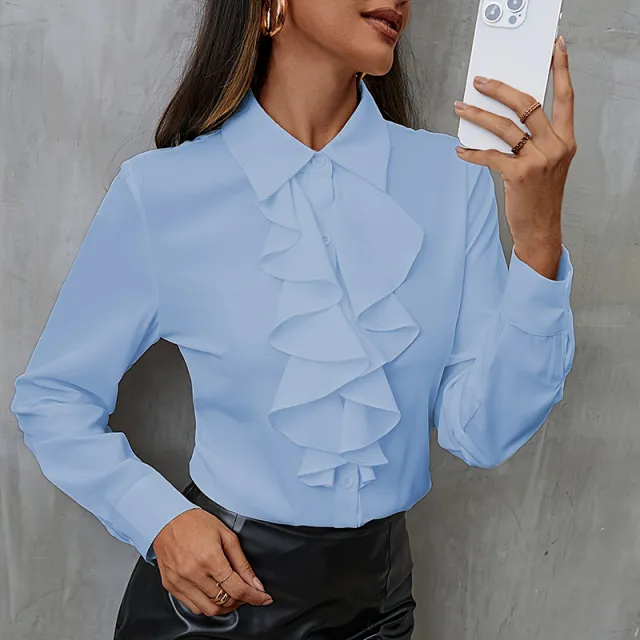 New Loose Chiffon Shirt Women Ruffles Light Blue - Shop at LoveMi