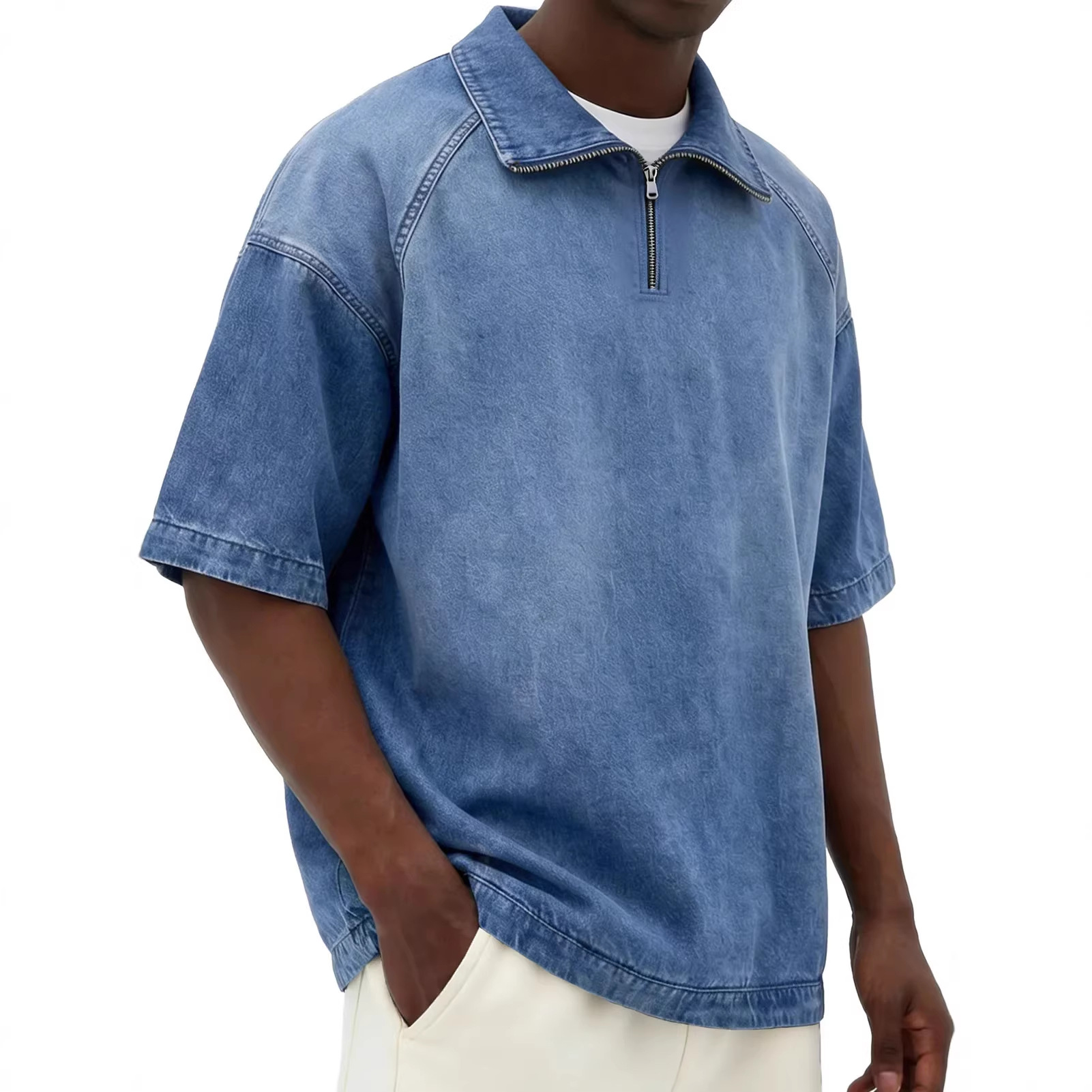 Mens Short-sleeve Lapel Zip-up T-shirt