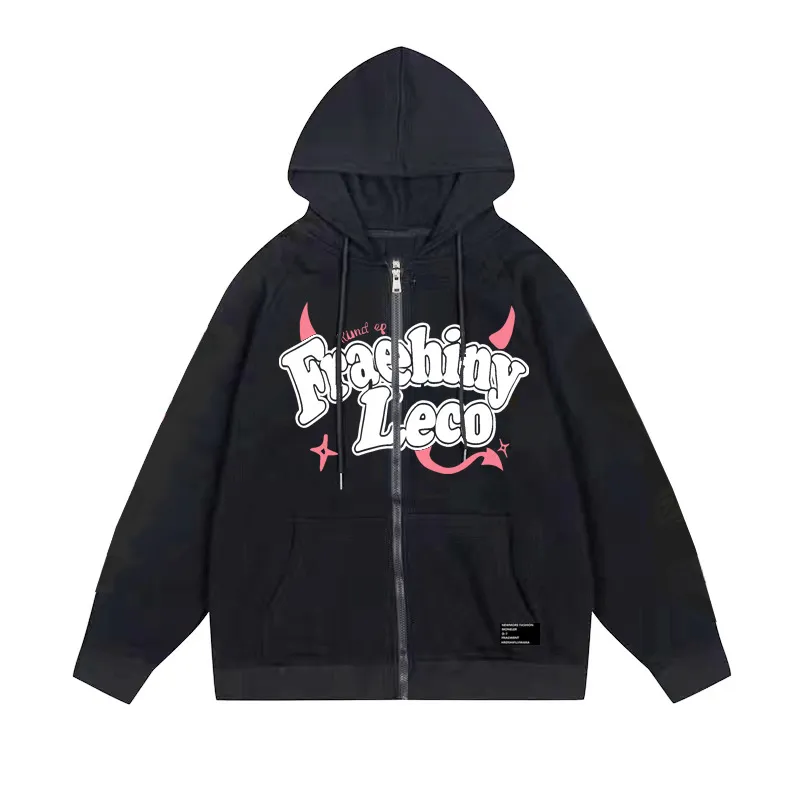 Fraehiny Printed Cardigan Sweater Zipper Hooded Sweatshirt Coat - Black