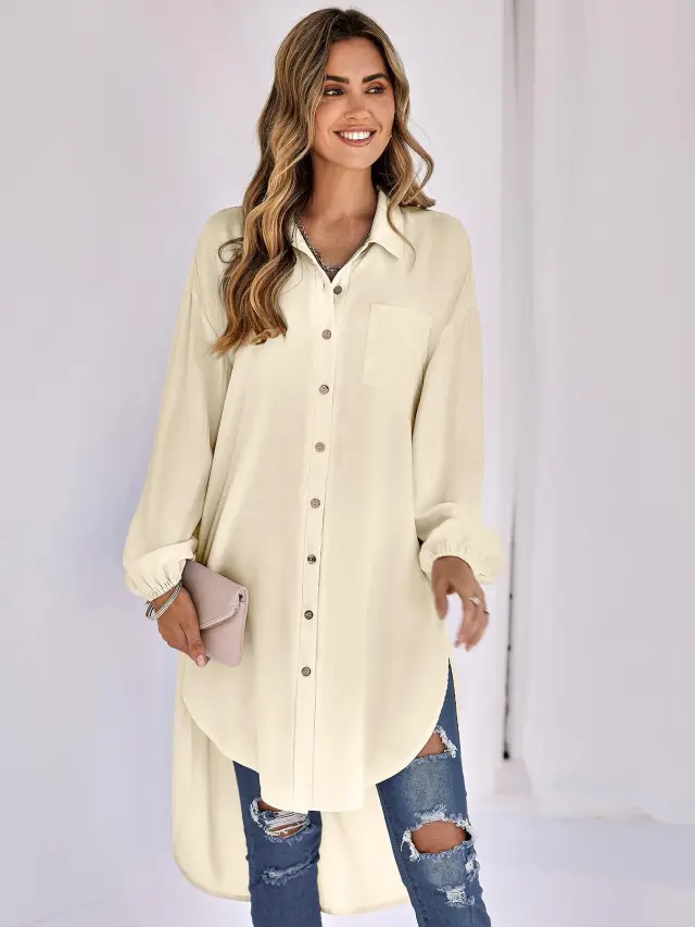 New Women's Casual Solid Color Loose Long Lapel Shirt Apricot - Shop at LoveMi