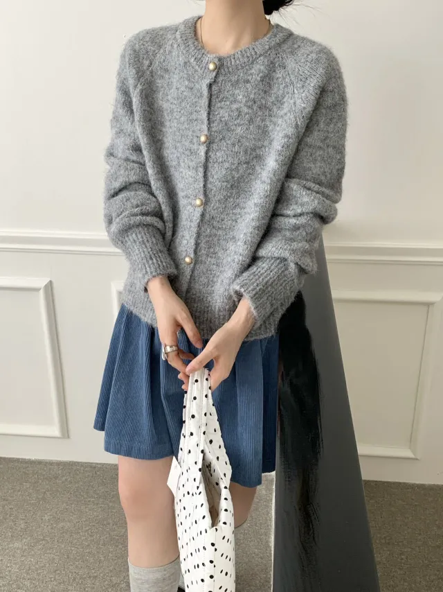 Metal Buckle Round Neck Knitted Cardigan Loose Casual Gray - Shop at LoveMi