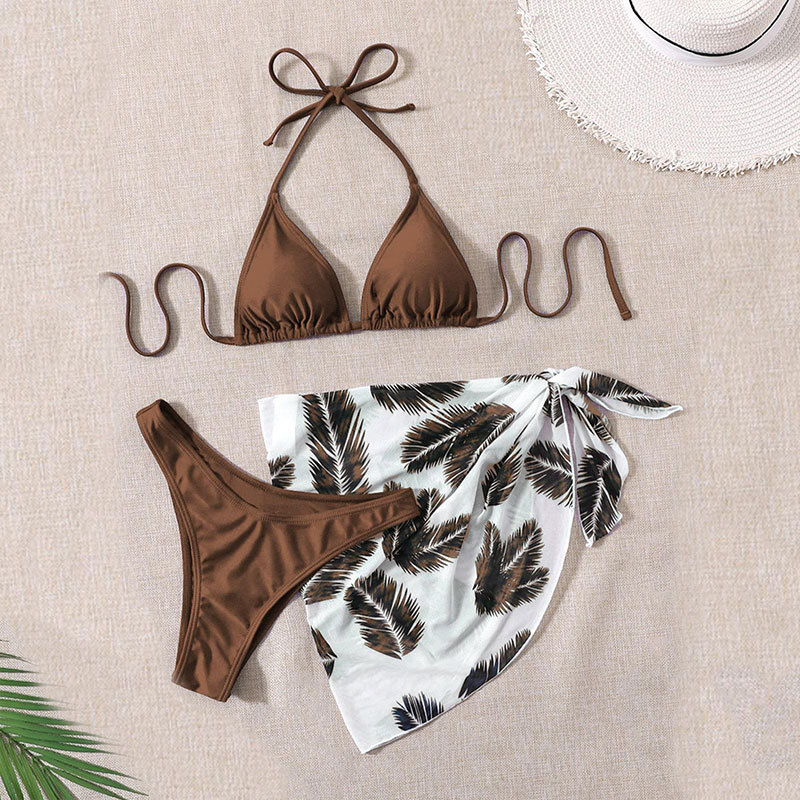 Printed Halter-Neck Lace-Up Bikini Three-Piece Set For Women
