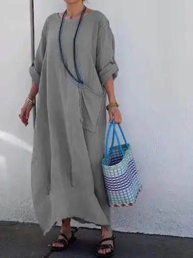 Women's Cotton And Linen Casual Pure Color Ribbon Pocket Round Neck Length Dress
