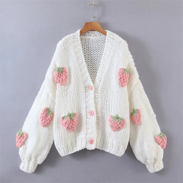 Women's Mohair Thick Knitted Cardigan Sweater V neck Lantern Sleeve Pink - Shop at LoveMi