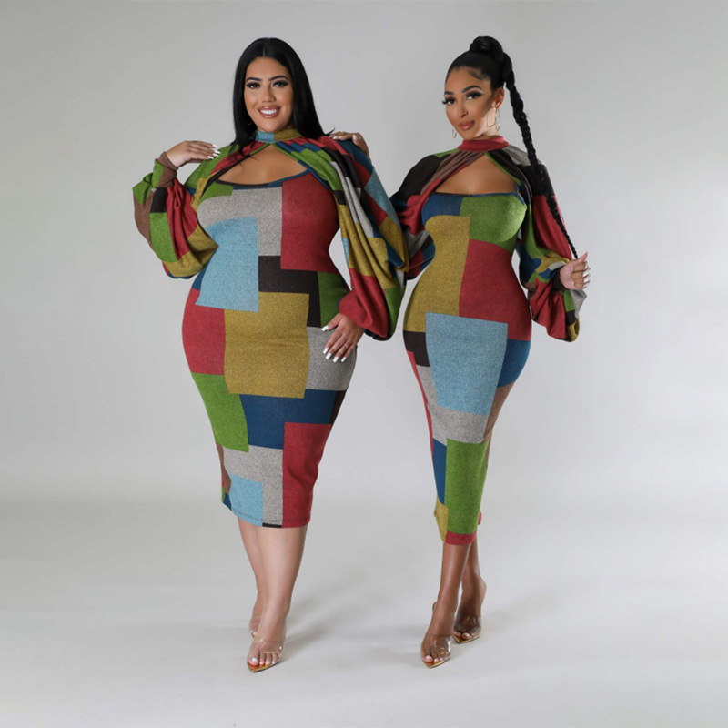 New Fashion Stitching Printing Color Contrast Long Sleeve Plus Size Dress