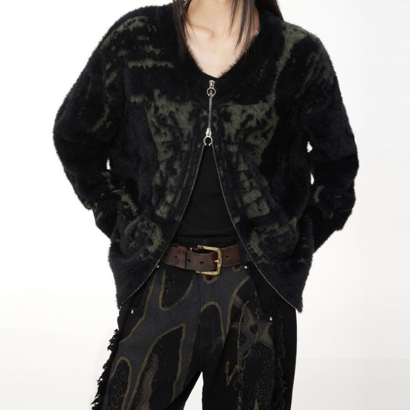 Retro Black V-neck Sweater Coat Female Loose Knitted Cardigan