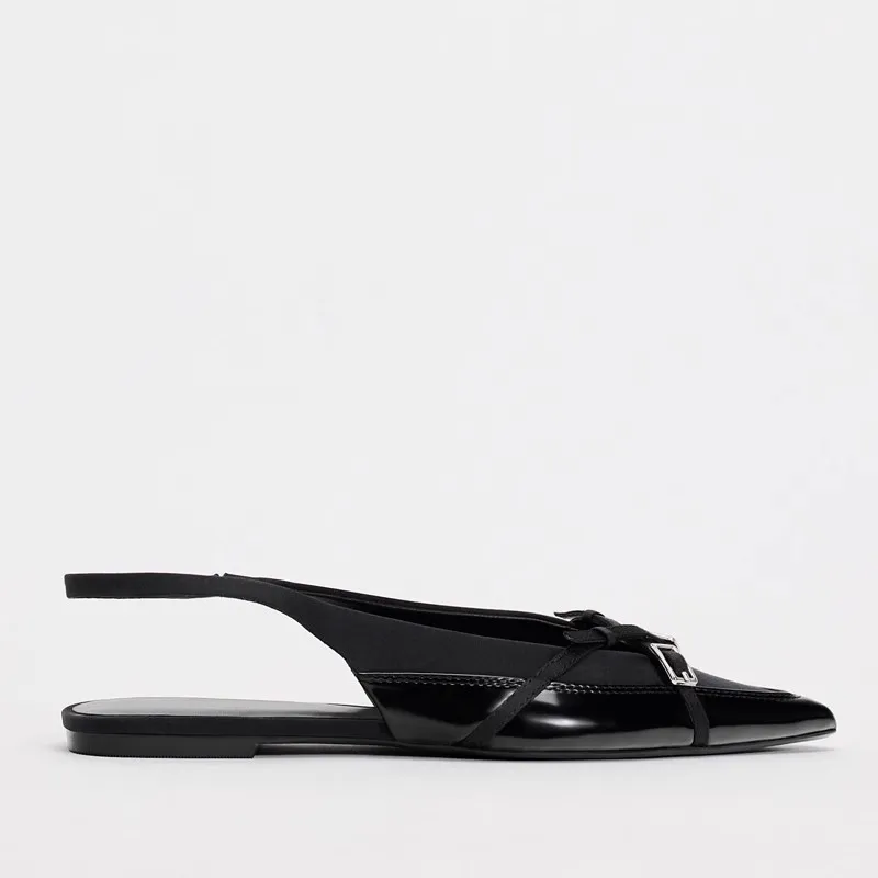 Closed Toe Sandals Women's Black Cross Strap Patent Leather Flat Casual Mules - Black
