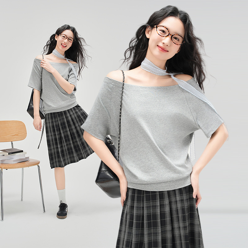 Womens Off-the-Shoulder Slash-Neck Short-Sleeve T-Shirt