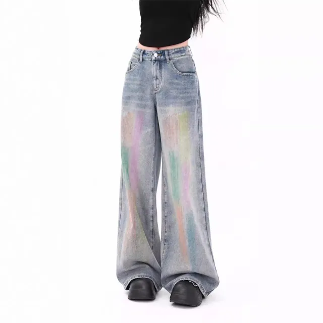 Colorful Fashion Casual Retro High Waist Loose Wide Legs Jeans Retro Blue - Shop at LoveMi