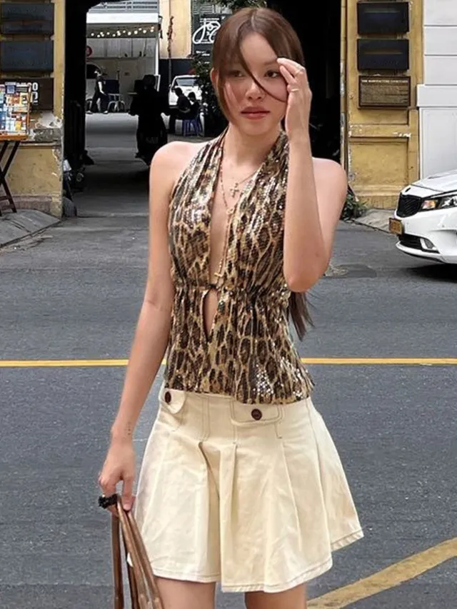 Women's Halter High end Backless Underwaist Sequins Leopard Print Top - Shop at LoveMi