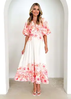 Spaghetti-strap Floral Print Fairy Mid-length Elegant Big Hem Dress - Orange - View 1