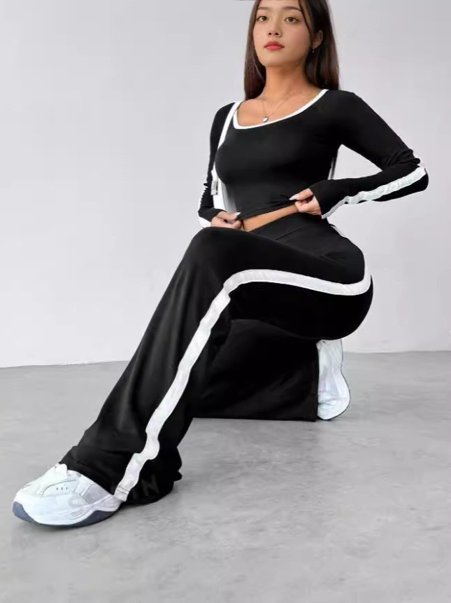 Casual Slim-fitting Patchwork Black And White Long Sleeve Trousers Suit - Image 4