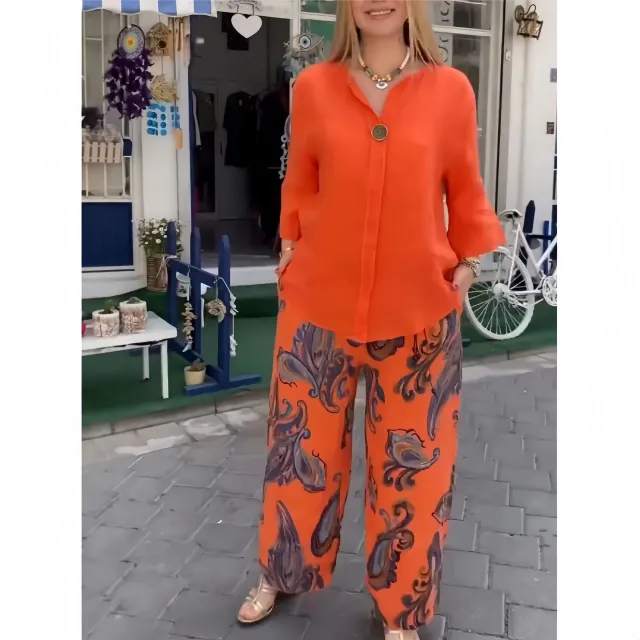 Cotton And Linen Long sleeved Shirt Casual Printed Straight leg Pants Two piece Set A518 Orange - Shop at LoveMi
