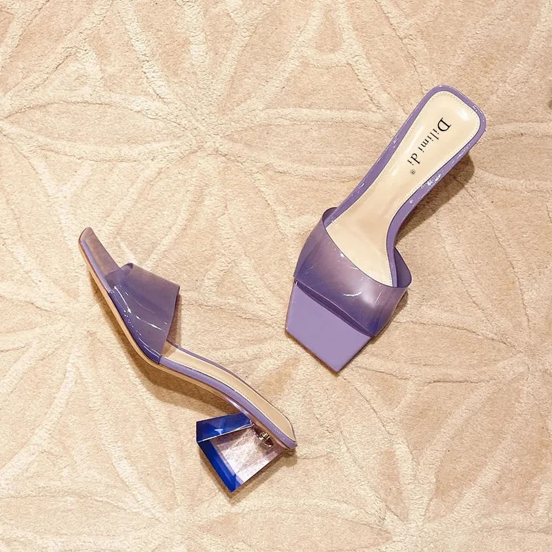 Fashionable Transparent Crystal High Heels For Women Spring And Summer New Chunky Heel Square Toe Outer Wear Retro - Purple