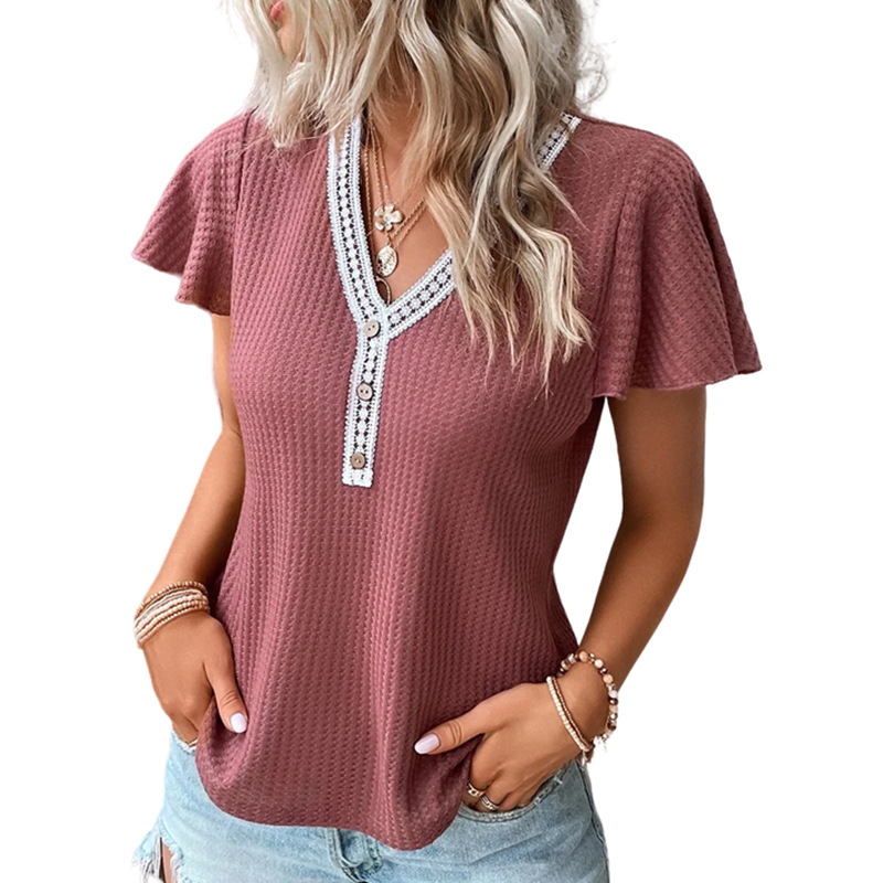 Waffle V-neck Short-sleeved T-shirt