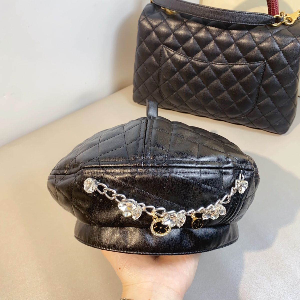 Artificial Leather Diamond Plaid Beret Street