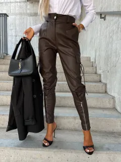 23 Years Fall Winter Fashion Slim PU Leather Waist Skinny Trousers With Pockets - Dark Brown - View 1