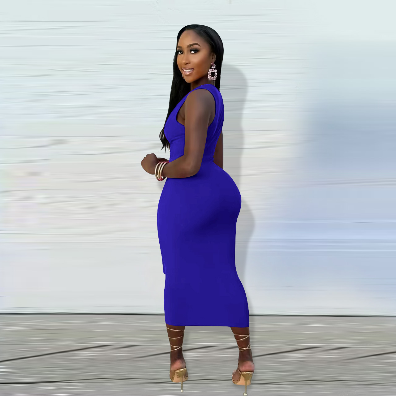 Fashionable V-neck Solid-color Long Dress Cfbb1d43 6b43 41d0 B3a4 598a411115f2