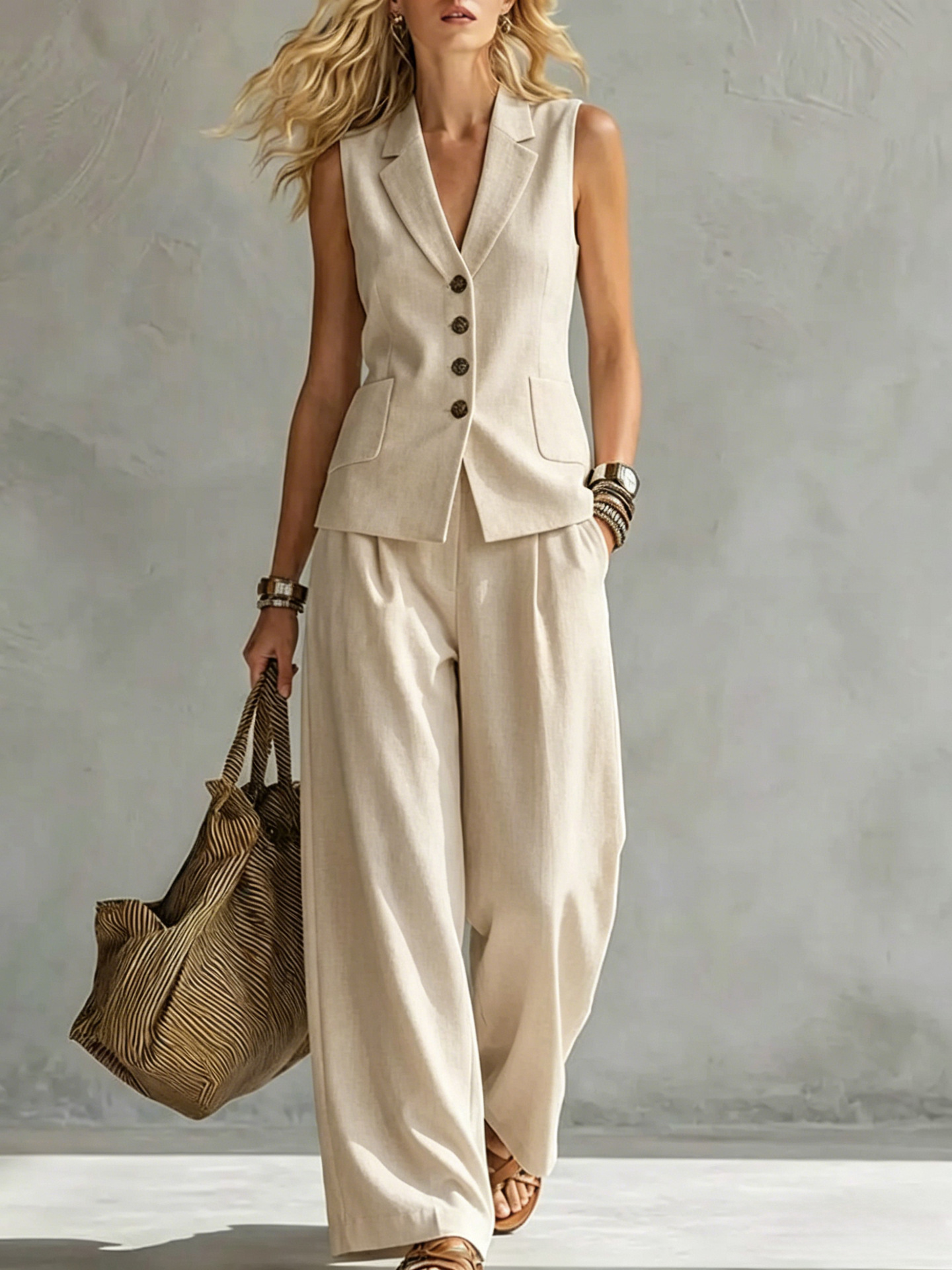 Womens Solid-Colored Sleeveless Casual Linen Tank Top And Pants Set 8