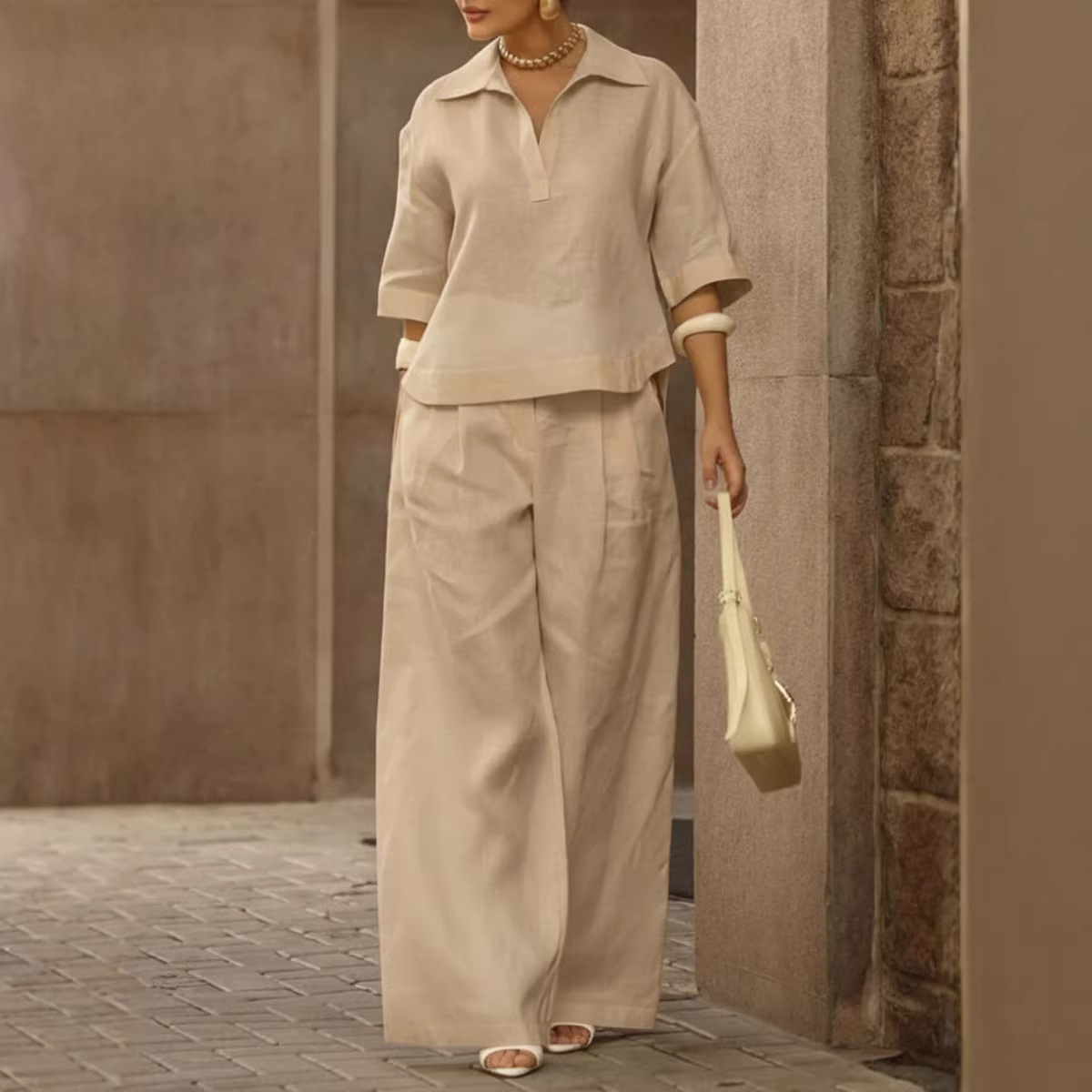 Solid-color Slimming Versatile Wide-leg Pants Two-piece Set