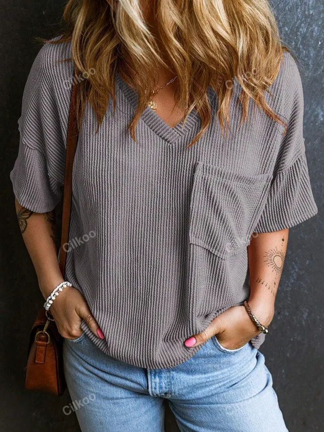 Fashionable Two tone Pullover Short Sleeve V neck Top For Women Gray - Shop at LoveMi
