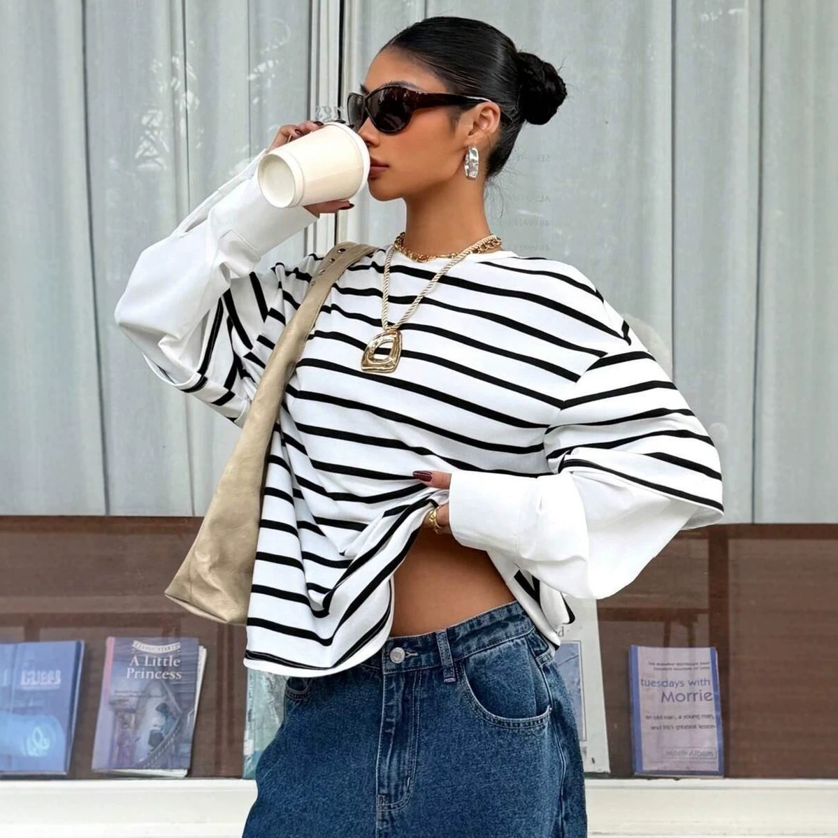 Womens Round-neck Striped Loose-fit Mock Two-piece Hoodie