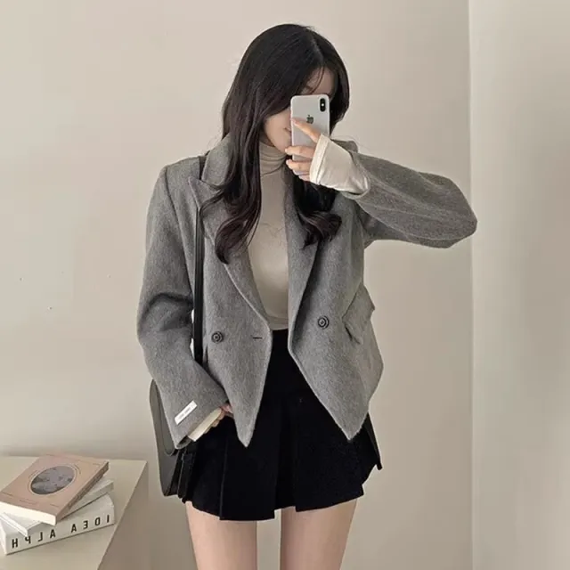 Women's Solid Color Casual Loose Woolen Jacket Gray - Shop at LoveMi