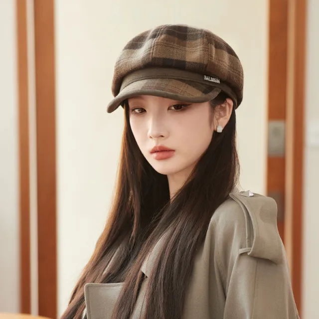 British Style Retro Plaid Octagonal Hat Autumn And Winter Mm1552 Khaki - Shop at LoveMi