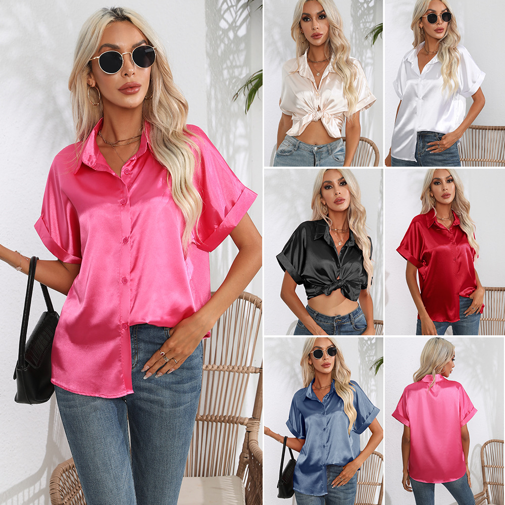 Cuffed Satin Shirt Womens Silk-Like Short-Sleeve Blouse