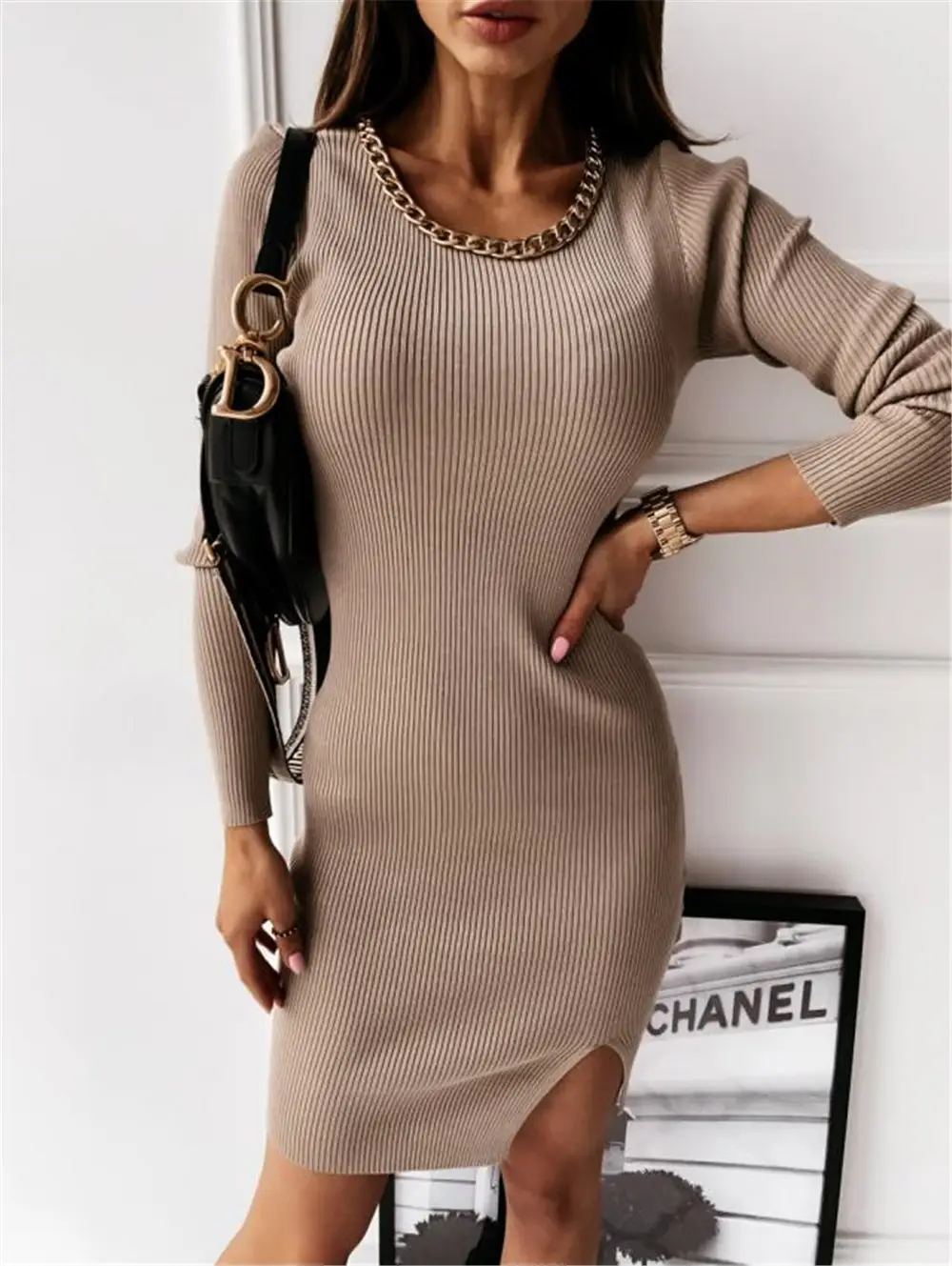 Women's Fashion Simple Round Neck Chain Decoration Long Sleeve Dress