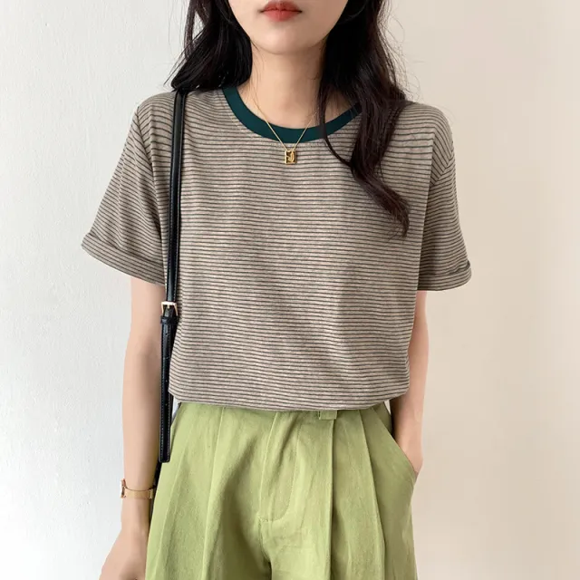 Autumn And Winter Brown Pullover Base Short Sleeve Turtleneck Round Neck Temperament Commute Striped Loose Cotton Base Shirt Green - Shop at LoveMi