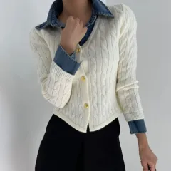 Korean Style Contrast Colour Knitwear Denim Stitching Long Sleeve Sweater - Beige - View 1