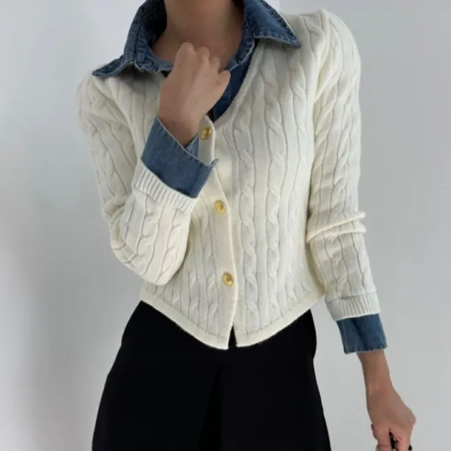 Korean Style Contrast Color Knitwear Denim Stitching Long Sleeve Sweater Beige - Shop at LoveMi