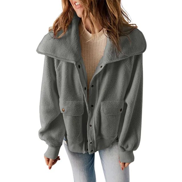 Casual Cardigan Breasted Jacket Women's Warm Plush Long Sleeve Jacket Lc8512821 Gray - Shop at LoveMi