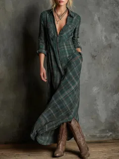 Casual Long Sleeve Lapel Plaid Long Dress - Dark Green - View 1