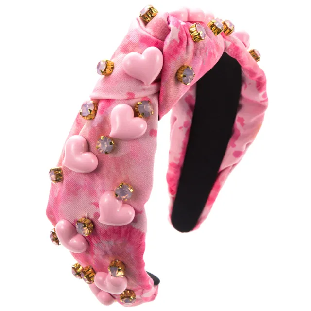 Printed Fabric Valentine's Day Headband Female Hand stitched Gem Inlaid Love Accessories Light Pink - Shop at LoveMi