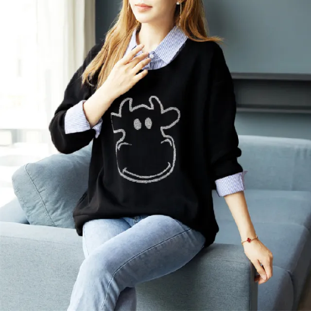 Women's Autumn Winter False two piece Sweater Shirt Collar Black - Shop at LoveMi