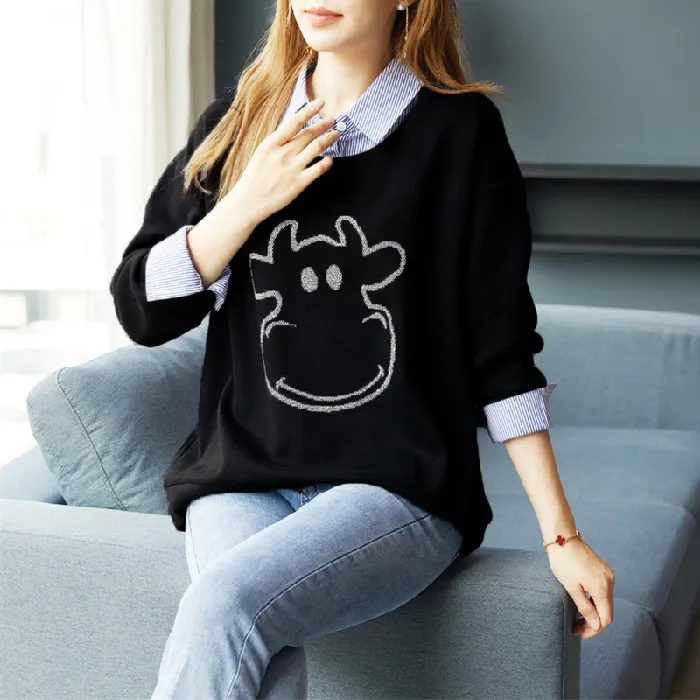 Women's Autumn Winter False-two-piece Sweater Shirt Collar - Black