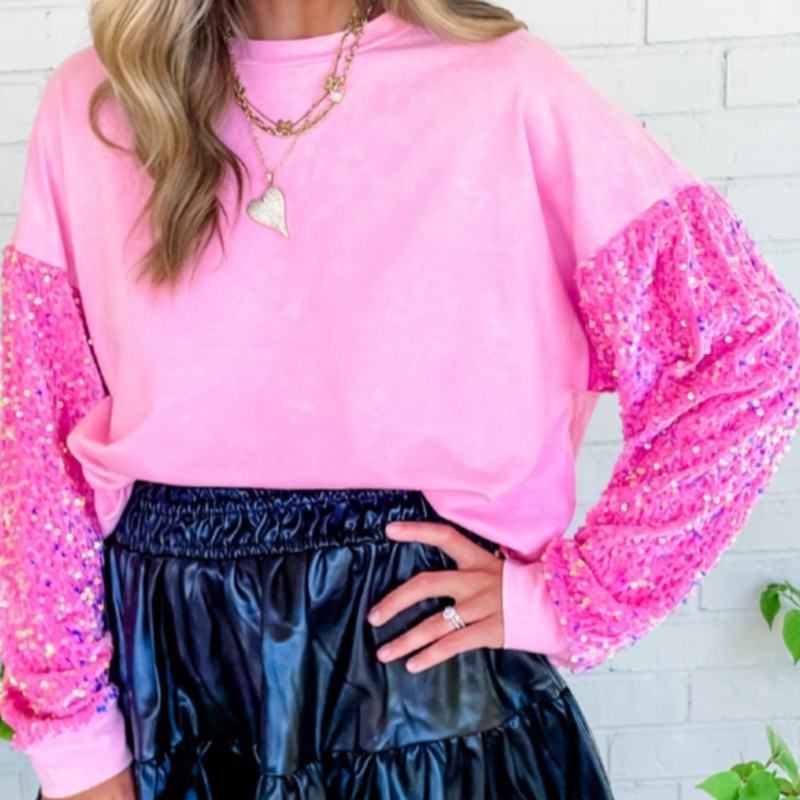 Sequined Contrast Color Long Sleeves Bottoming Shirt Pink - Shop at LoveMi